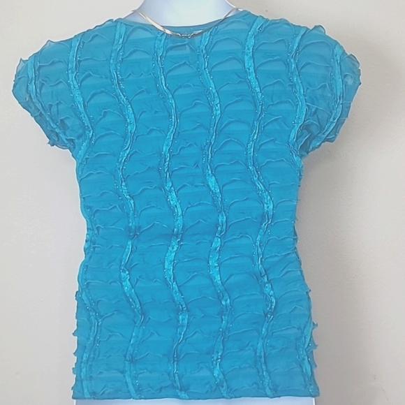 Top pull over Teal sparkly satin ribbon trim short sleeve new directions Medium - Picture 4 of 5